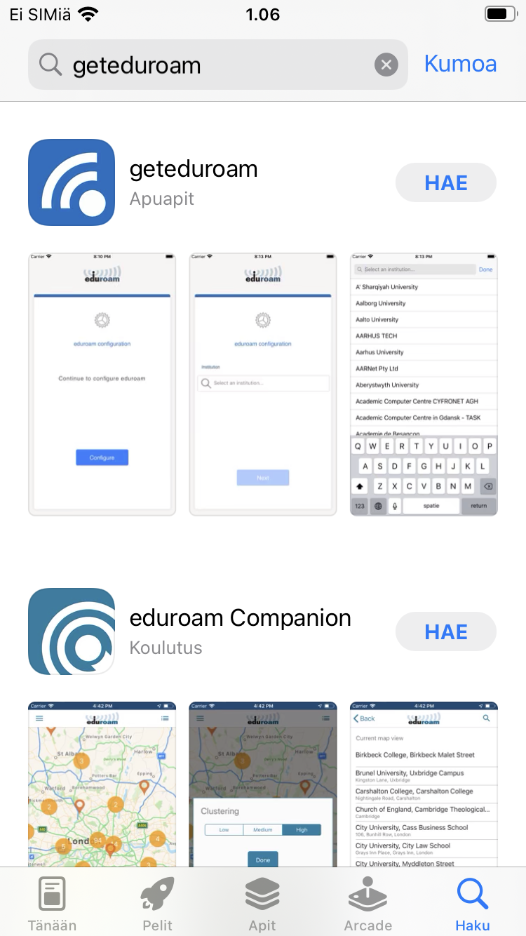 IT Services > Connect an iPhone to the Eduroam network > 2 - hae geteduroam sovellus.png